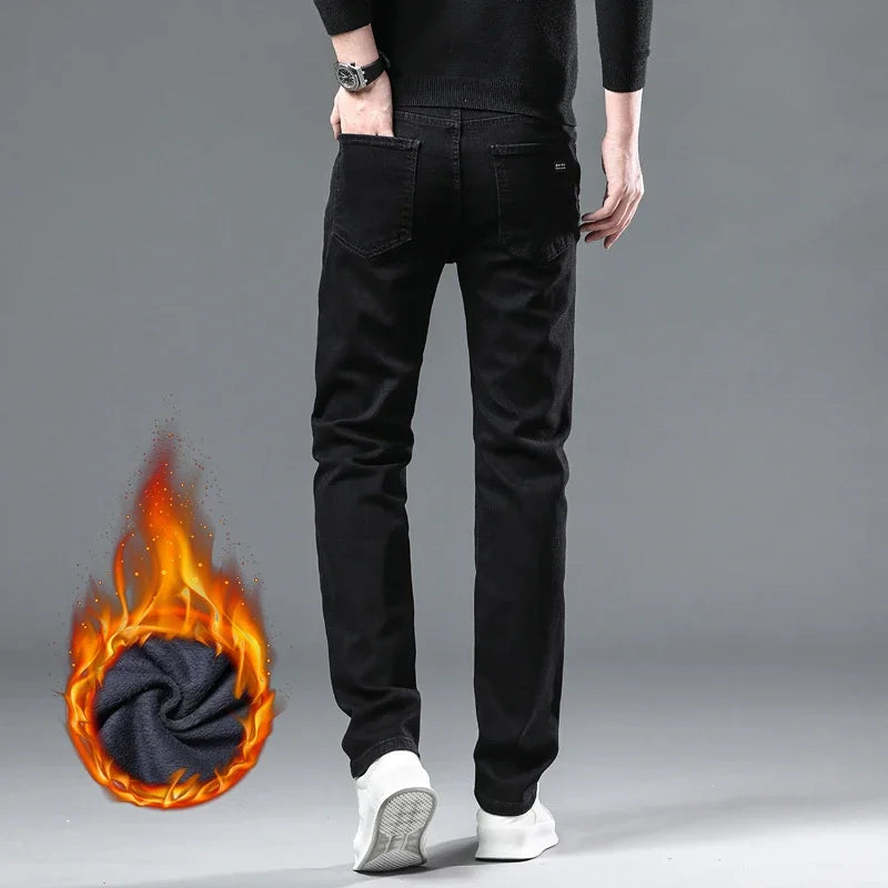 WTHINLEE Winter Herren Schwarz Gerade Stretch Denim Dicke Samthose Warme Jeans Lässige Fleece-Linie Hose Männlich Übergröße
