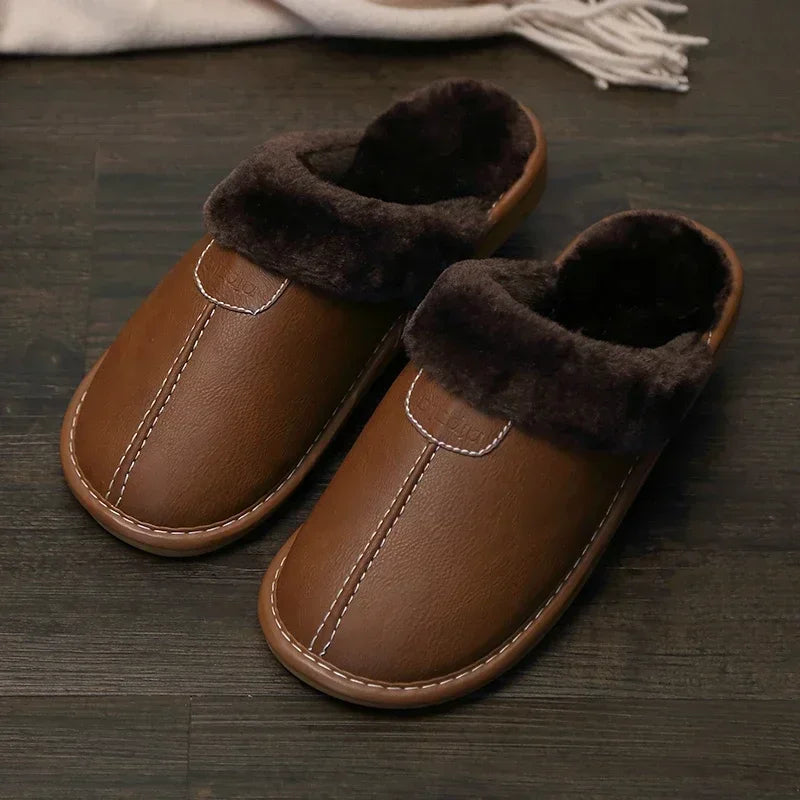 Männer Winter Leder Hausschuhe Schlafzimmer Baumwolle Hausschuhe Männlichen Wasserdicht Dicken Plus Samt Indoor Warme Haus Hause Hausschuhe Schuhe