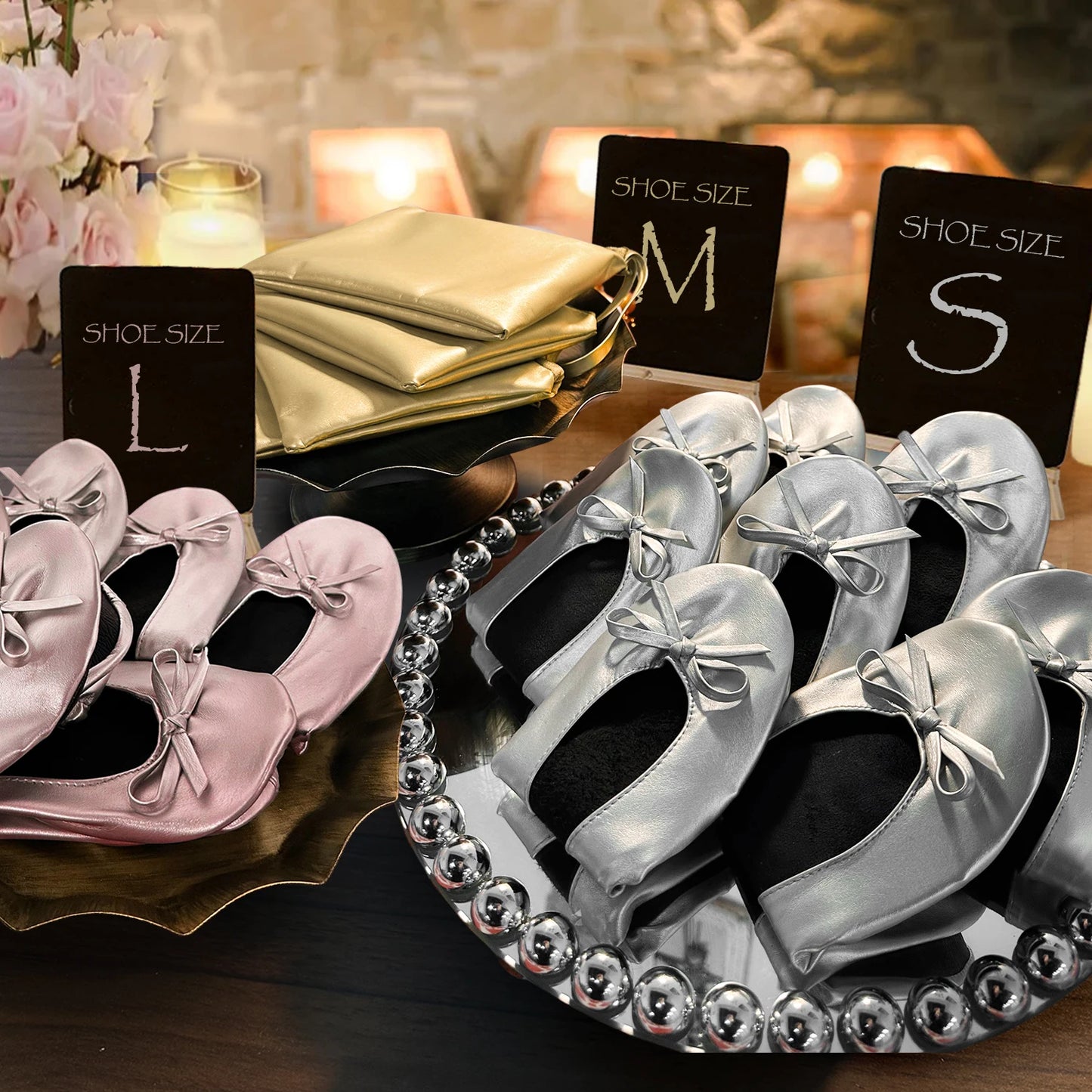 Faltbare, tragbare Ballerinas für Damen, weiche Sohle, zum Aufrollen, bequeme, flache Schuhe zum Hineinschlüpfen für Reisen und Hochzeiten mit Tasche