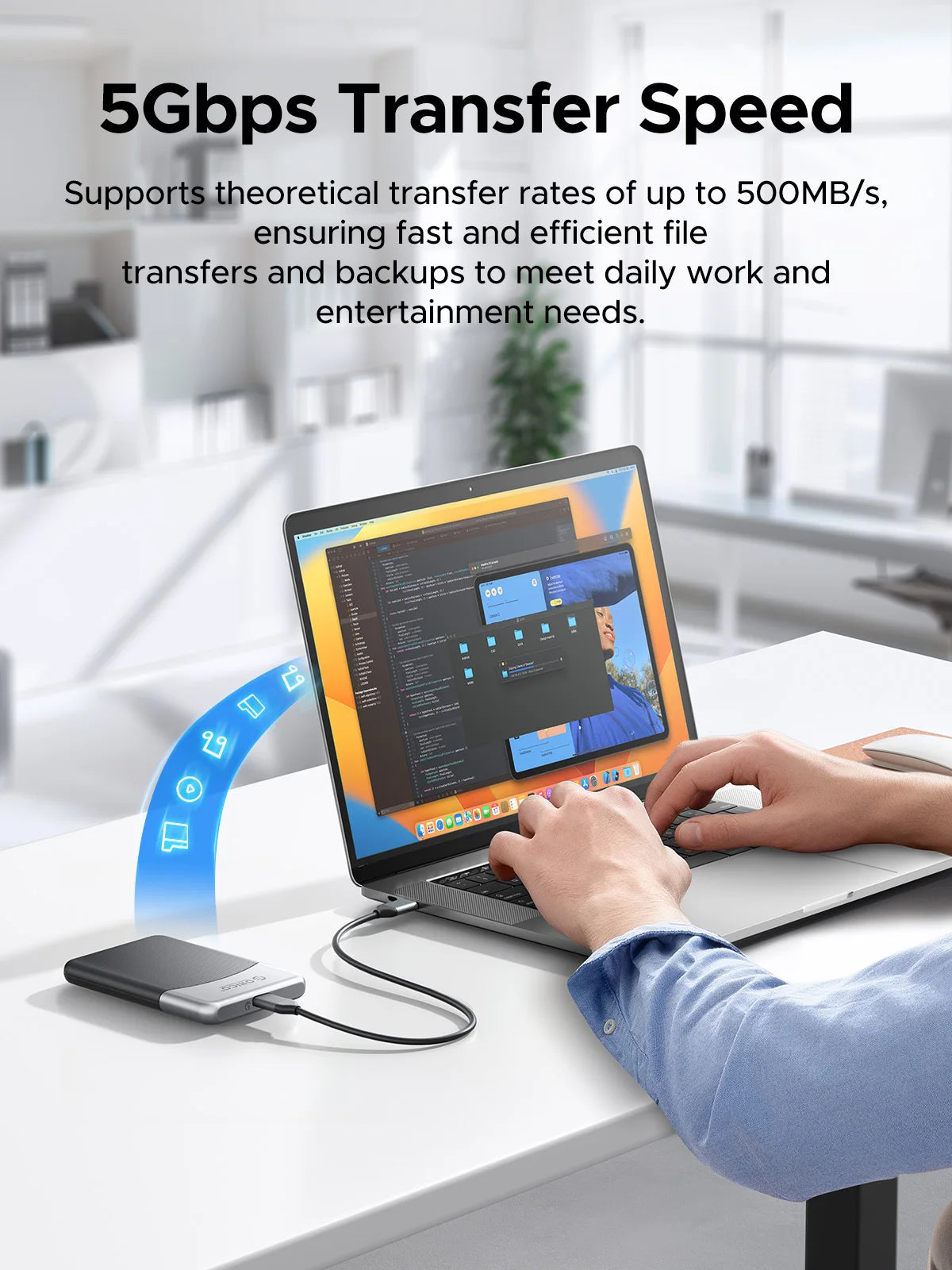 ORICO 2TB External SSD with 2 in 1 USB C Cable, Portable Solid State Drive USB 3.2 Gen 1 Up to 500MB/s, Dust and Drop Resistance