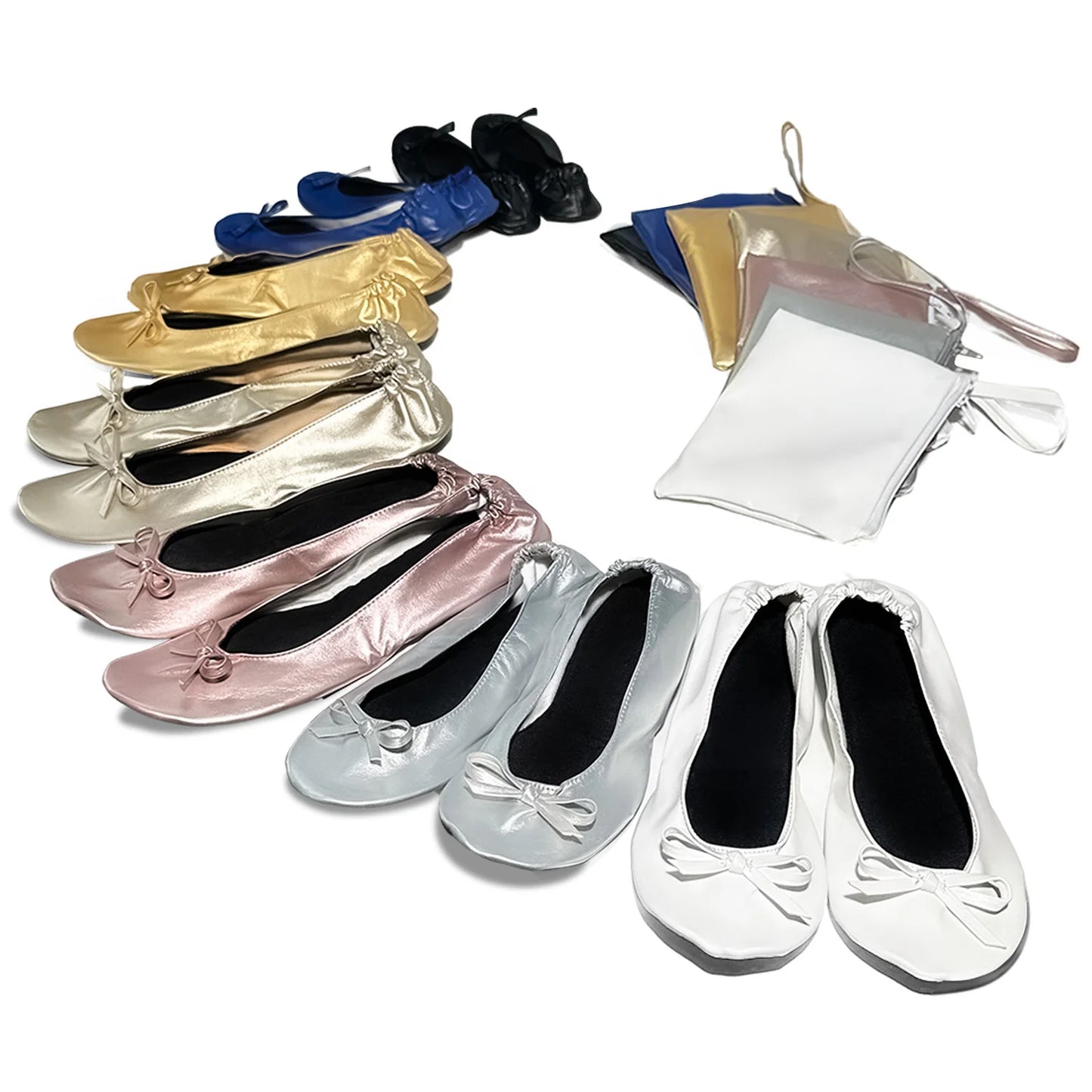 Faltbare, tragbare Ballerinas für Damen, weiche Sohle, zum Aufrollen, bequeme, flache Schuhe zum Hineinschlüpfen für Reisen und Hochzeiten mit Tasche