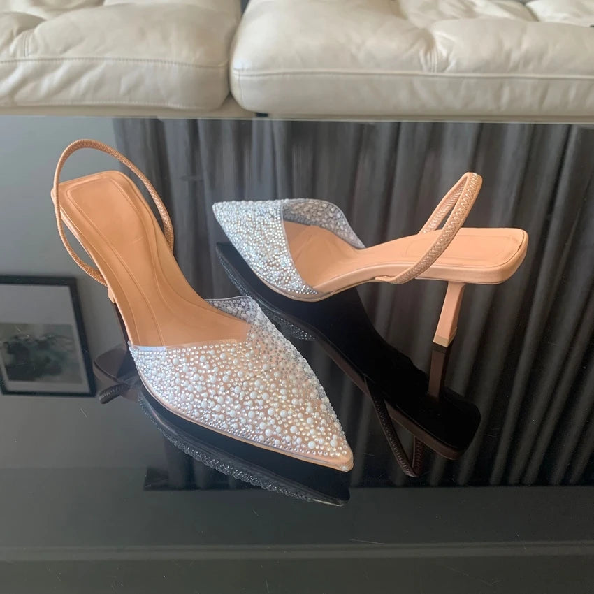 2024 mode Sommer Frauen High Heels Perle Dekoration Slingback Frau Pumpen Spitz High Heels Sandalen Elegante Frau Schuhe