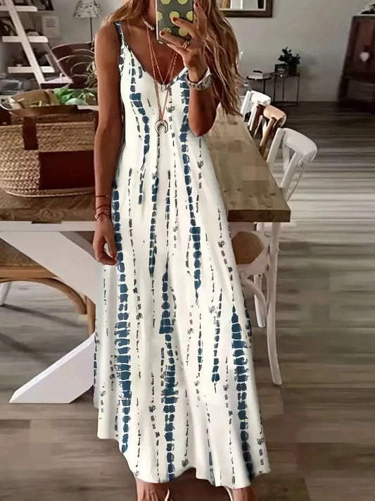 Damen Casual Loose V-Ausschnitt Tie Dye Printed Spaghetti Maxikleid Sommer Strandurlaub Langes Kleid