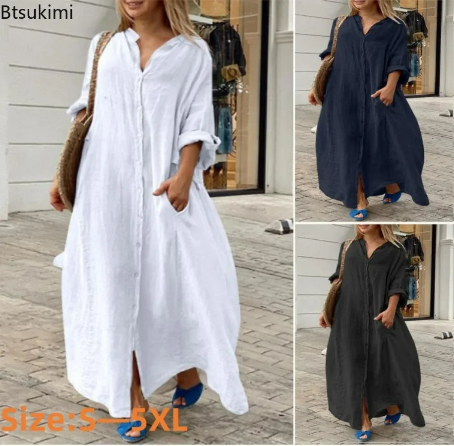 2025 frauen Casual Baumwolle Leinen Lange Kleid Solide Langarm Oversize-Shirt Kleider Weibliche Mode Lose Damen Kleidung Kleid