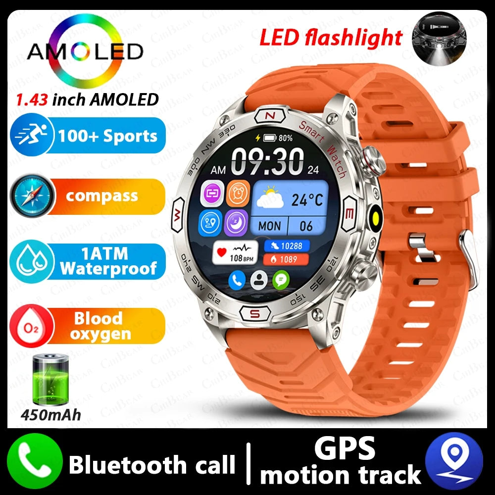 Military Outdoor Smart Watch Men 1ATM Waterproof Compass GPS Sports Track Fitness Watch 450 mAh with LED Flashlight SmartWatches