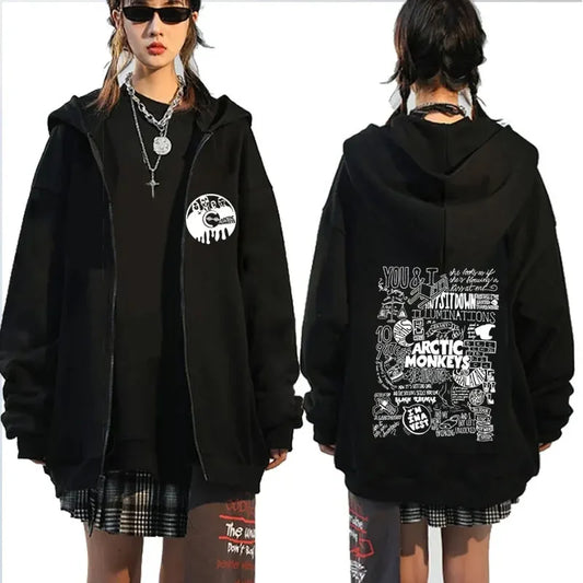 Vintage Arctic Monkeys Graphic Print Zip-up Hoodie Fall and Winter Fleece Oversized Jacket Sweatshirt Retro Rock Hip Hop Hoodies