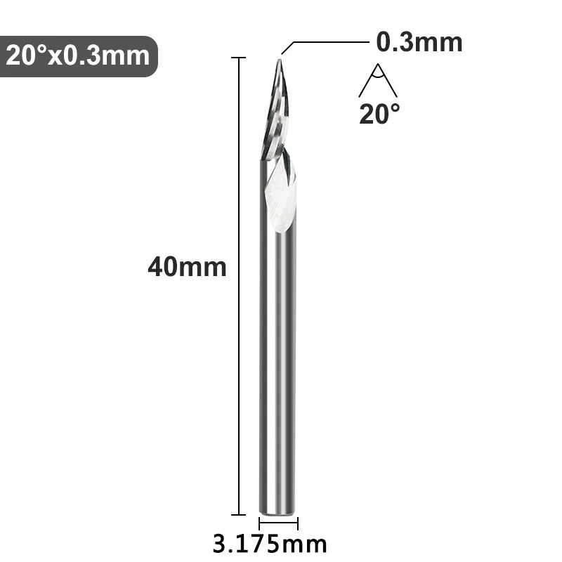 XCAN PCB-Gravurbit, 3,175 mm Schaft, V-förmige Schnitzbits, 10–30 Grad, Hartmetall-CNC-Fräser, mit 0,1 mm Spitze, Holzfräser
