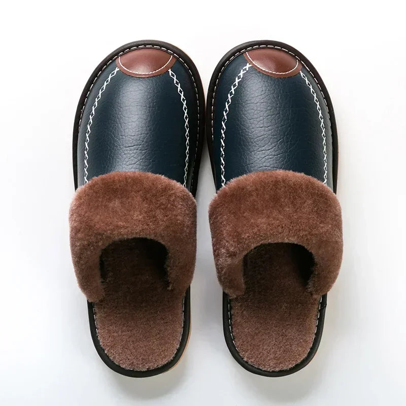 Männer Winter Leder Hausschuhe Schlafzimmer Baumwolle Hausschuhe Männlichen Wasserdicht Dicken Plus Samt Indoor Warme Haus Hause Hausschuhe Schuhe