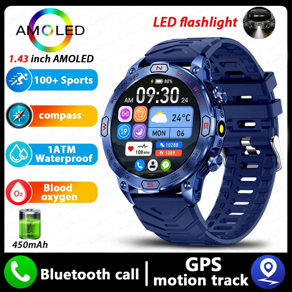 Military Outdoor Smart Watch Men 1ATM Waterproof Compass GPS Sports Track Fitness Watch 450 mAh with LED Flashlight SmartWatches