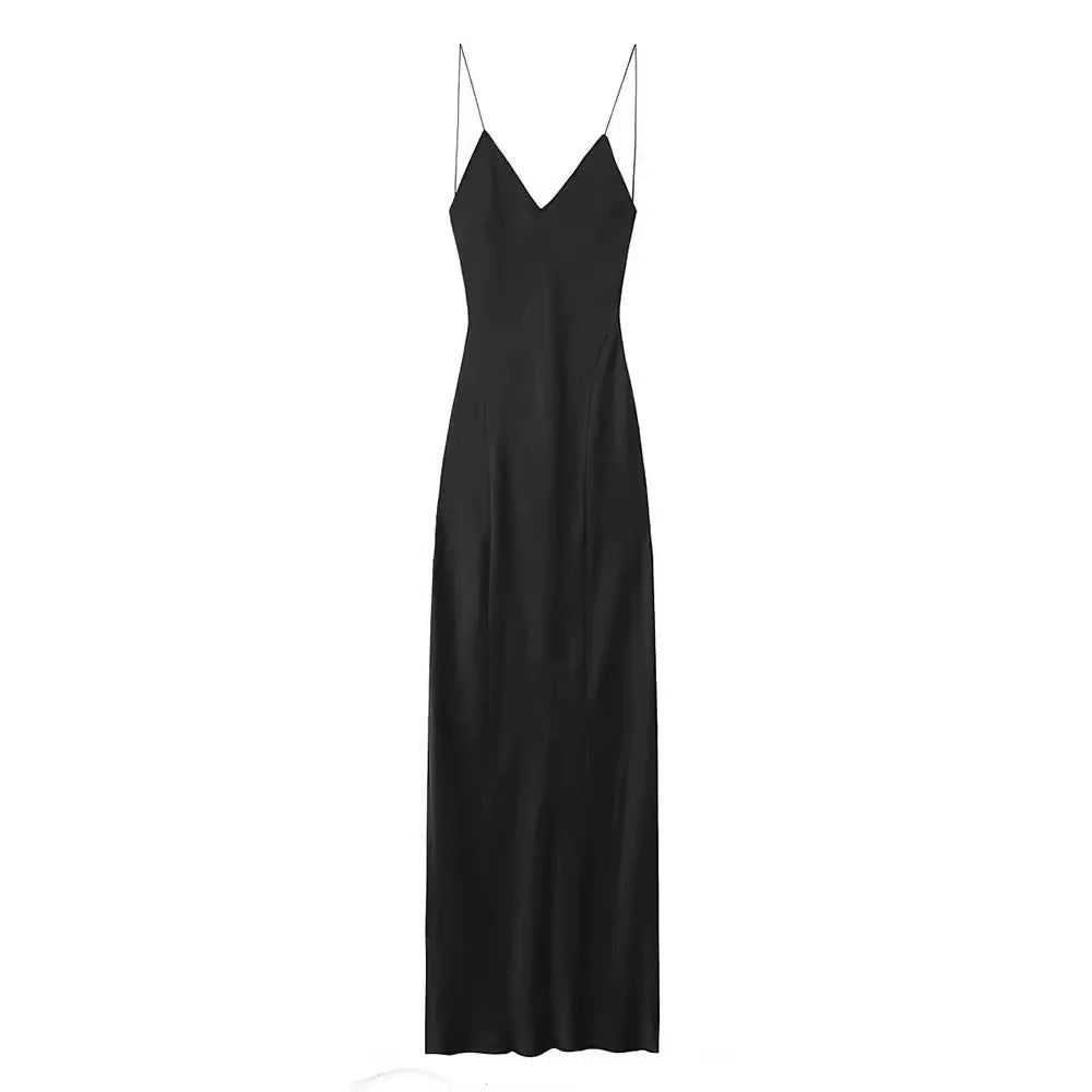 2024 frauen Neue Chic Mode Temperament Satin Dünne Schulter Gurt Unterwäsche Schlank Lange Kleid Retro Backless frauen Kleid Mujer