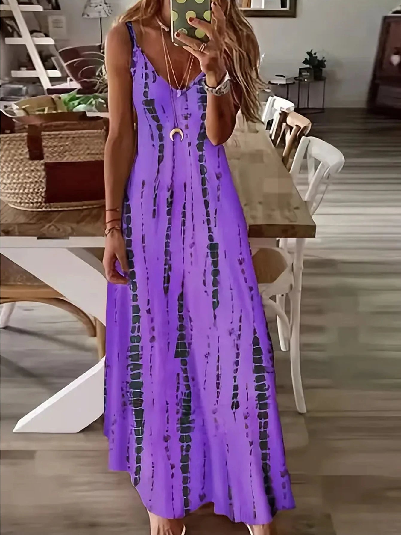 Damen Casual Loose V-Ausschnitt Tie Dye Printed Spaghetti Maxikleid Sommer Strandurlaub Langes Kleid