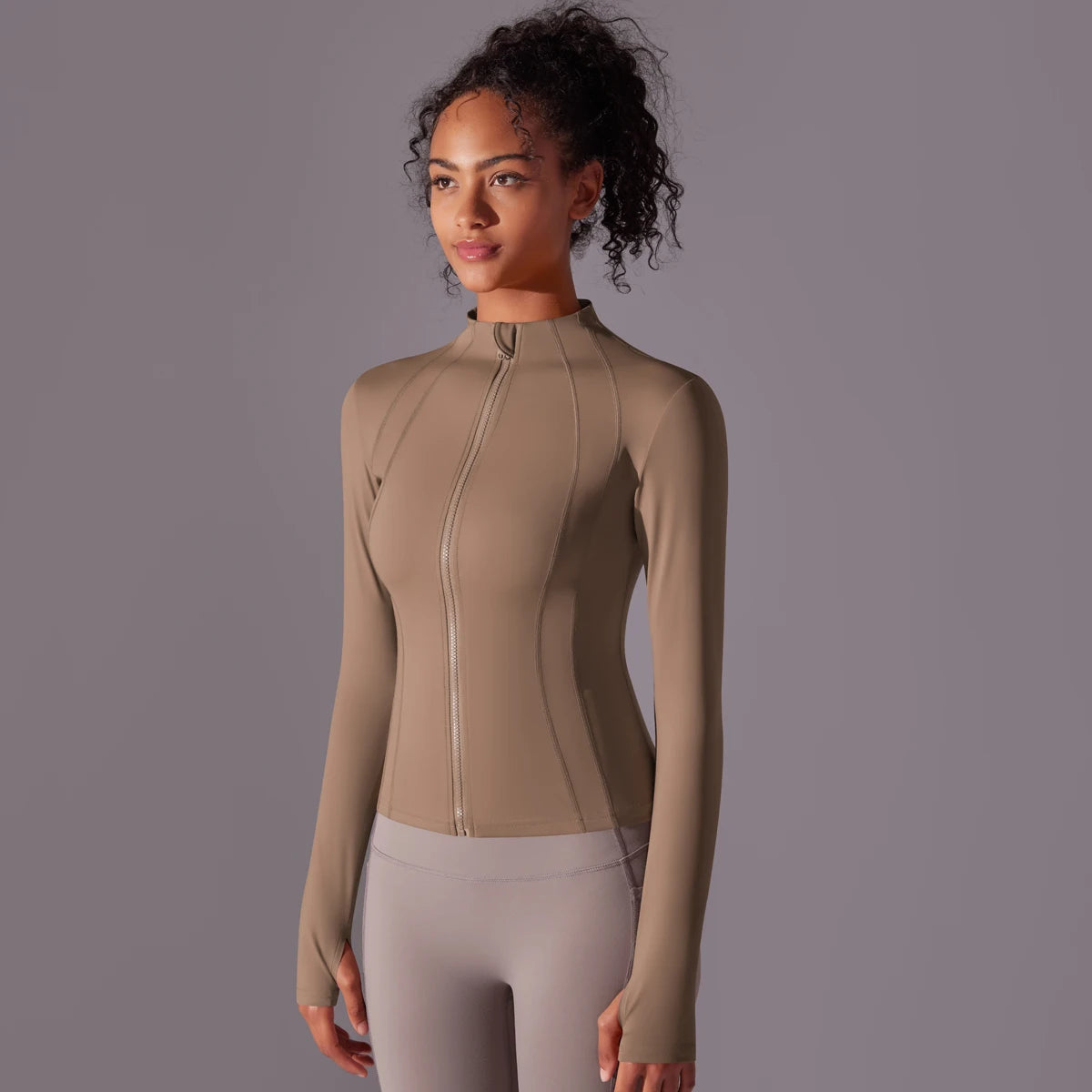 Gym Women's Full Zip Yoga Top With Thumbholes Fitness Running Jacket Stretch Fit Long Sleeve Round Neck Top Sportswear Workout