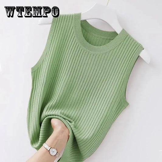 WTEMPO Damen Bequemes einfarbiges Camisole Laides Sommer-Unterteil Weiß Kurzes gestricktes ärmelloses Top