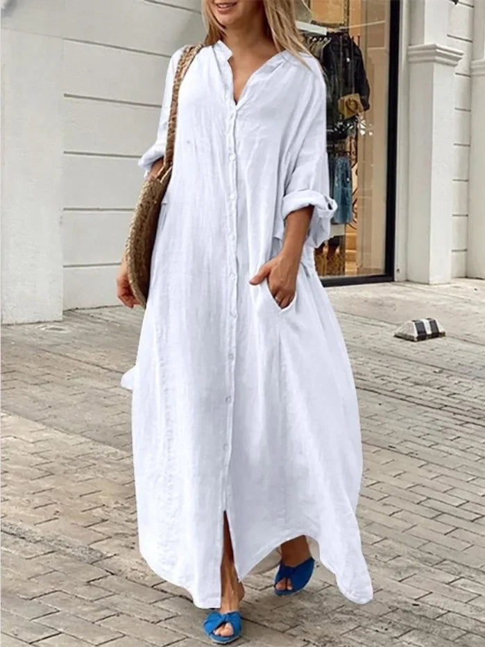 2025 frauen Casual Baumwolle Leinen Lange Kleid Solide Langarm Oversize-Shirt Kleider Weibliche Mode Lose Damen Kleidung Kleid