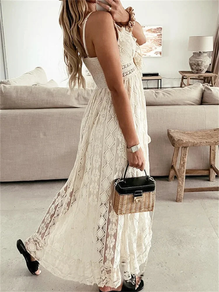 2024 neue Frauen Spitze Weiß Langes Kleid Ärmelloses V-ausschnitt Flowy Rüschen Kleid Sommer Böhmischen Retro Sexy Strand Urlaub Kleider