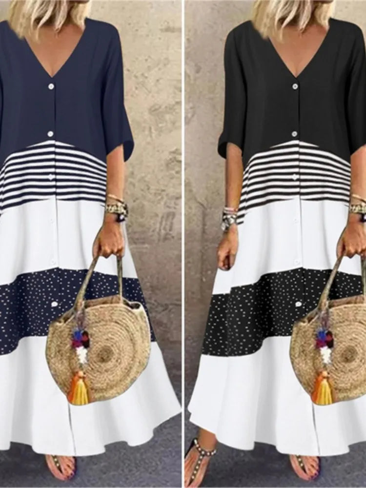 Damen Frühling Sommer Neue Stil Sexy V-Ausschnitt Mode Gedruckt Langes Ein-Schulter-Kleid Beiläufige Lose Fünf Ärmel Langes Kleid