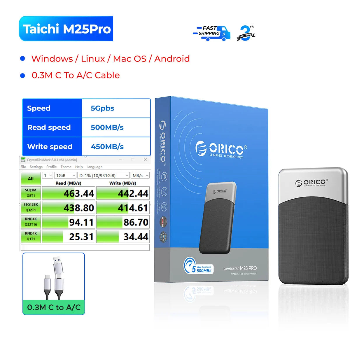 ORICO 2TB External SSD with 2 in 1 USB C Cable, Portable Solid State Drive USB 3.2 Gen 1 Up to 500MB/s, Dust and Drop Resistance
