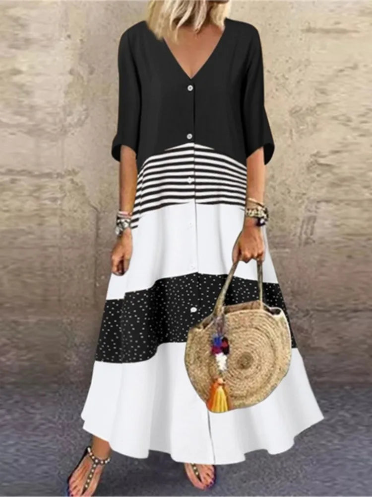 Damen Frühling Sommer Neue Stil Sexy V-Ausschnitt Mode Gedruckt Langes Ein-Schulter-Kleid Beiläufige Lose Fünf Ärmel Langes Kleid