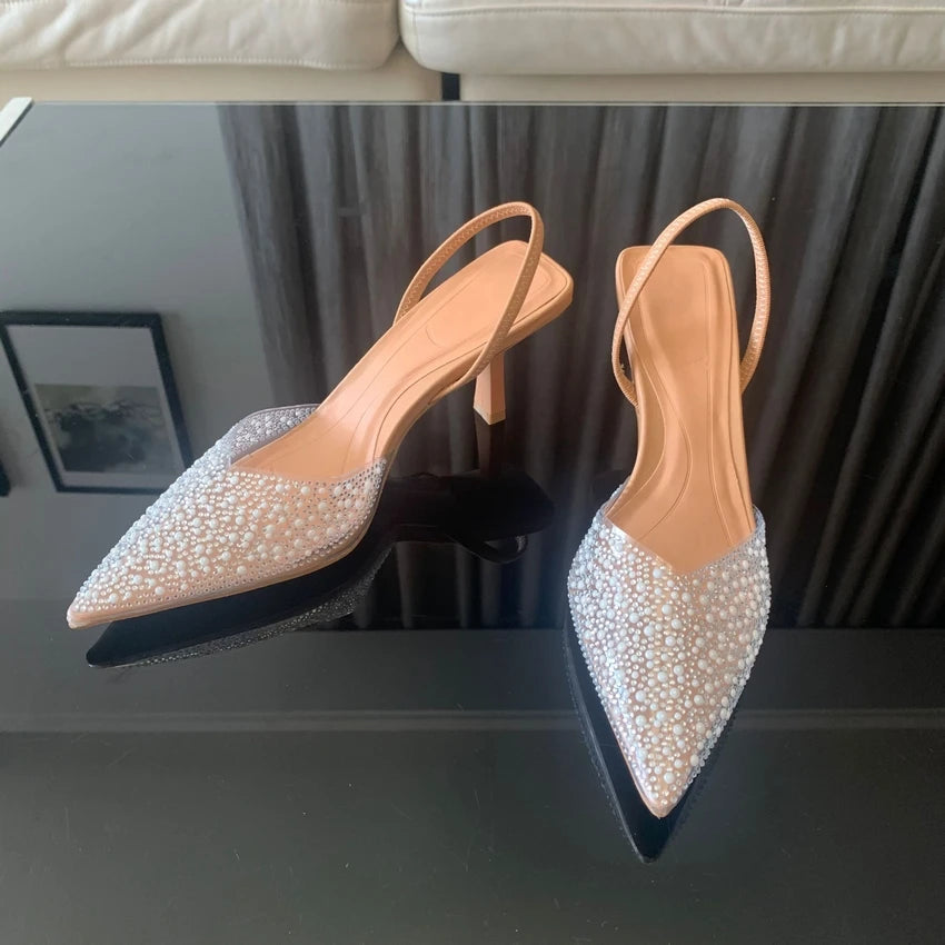 2024 mode Sommer Frauen High Heels Perle Dekoration Slingback Frau Pumpen Spitz High Heels Sandalen Elegante Frau Schuhe