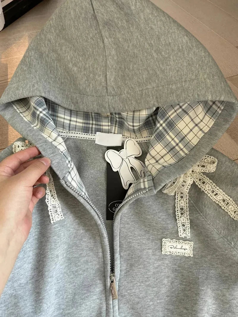 Zoki Spitze Patchwork Hoodies Frauen Niedlichen Bogen Langarm Sweatshirt Japan Adrette Süße Lose Langarm Weibliche Grau Outwear