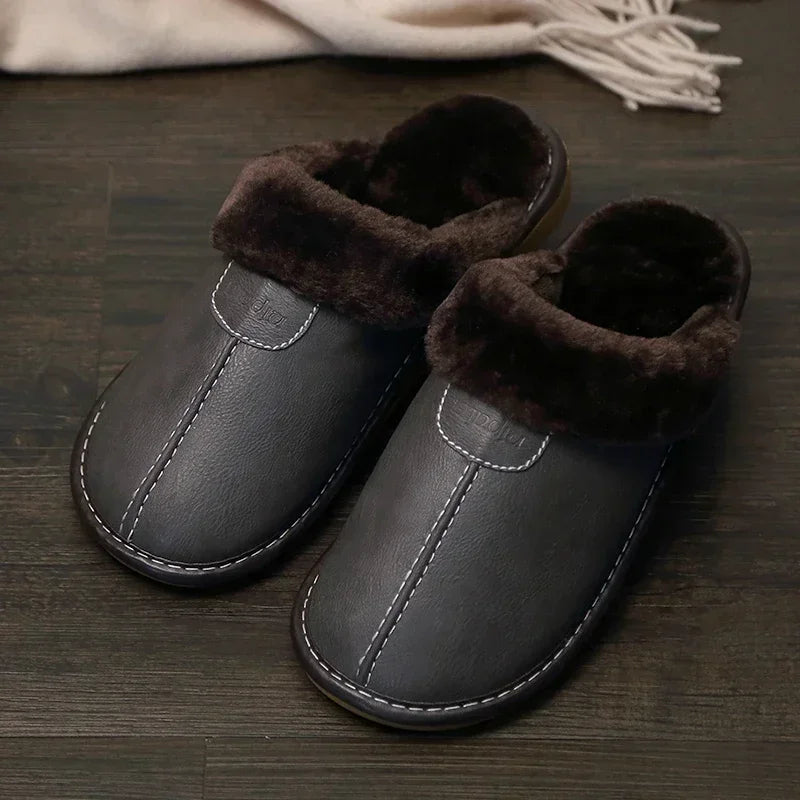 Männer Winter Leder Hausschuhe Schlafzimmer Baumwolle Hausschuhe Männlichen Wasserdicht Dicken Plus Samt Indoor Warme Haus Hause Hausschuhe Schuhe