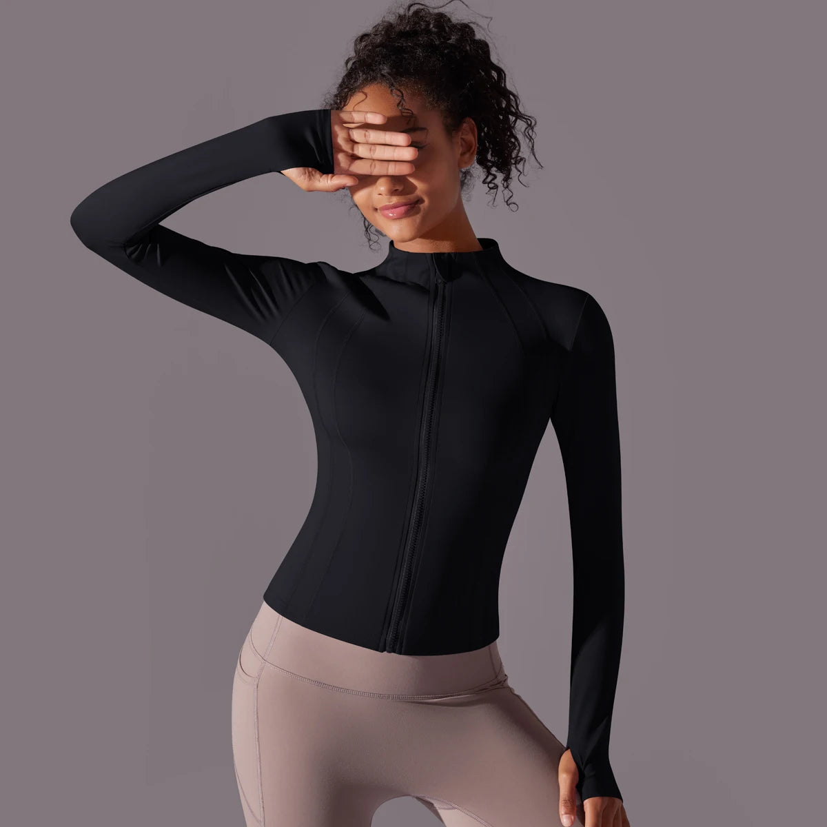Gym Women's Full Zip Yoga Top With Thumbholes Fitness Running Jacket Stretch Fit Long Sleeve Round Neck Top Sportswear Workout