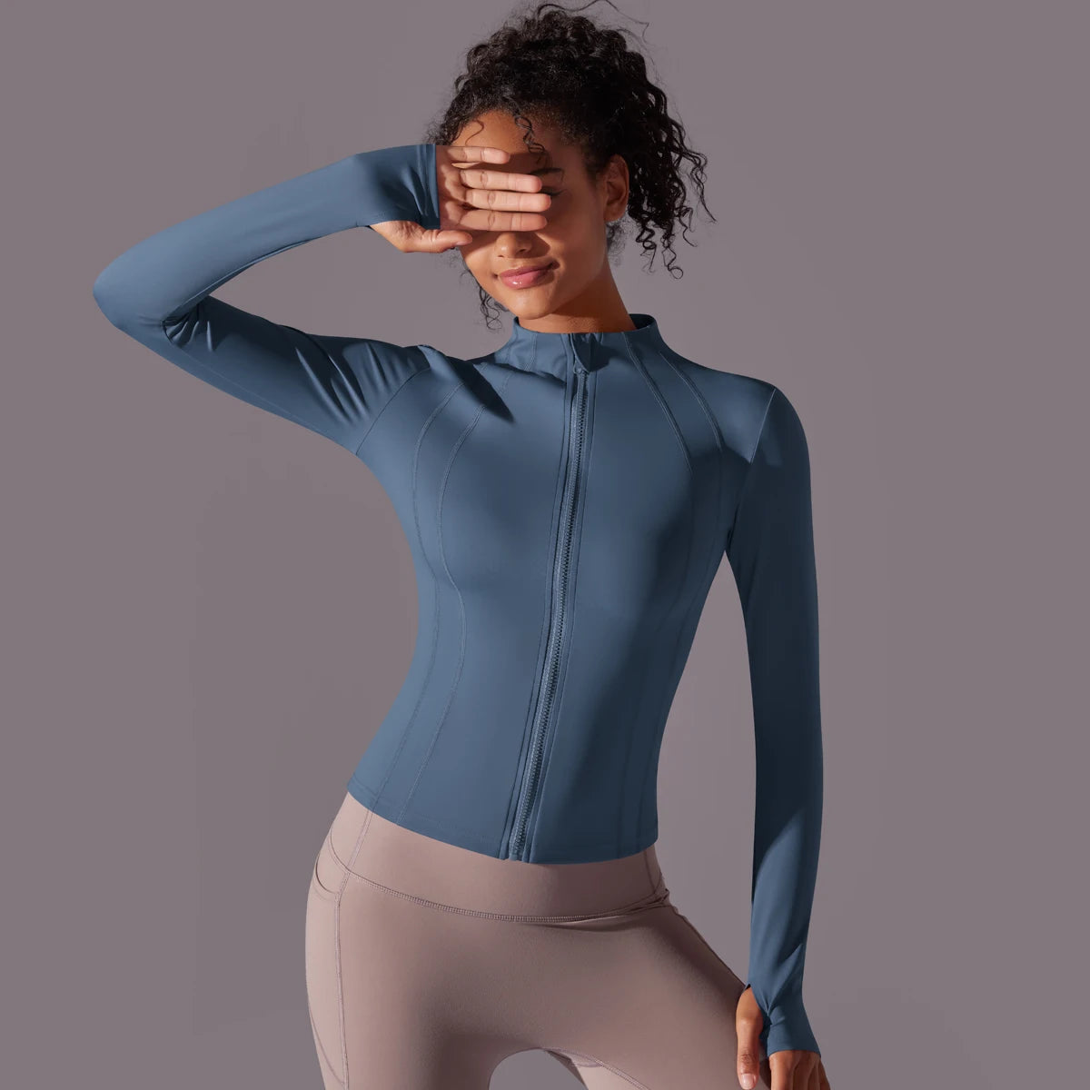 Gym Women's Full Zip Yoga Top With Thumbholes Fitness Running Jacket Stretch Fit Long Sleeve Round Neck Top Sportswear Workout