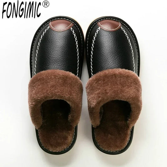 Männer Winter Leder Hausschuhe Schlafzimmer Baumwolle Hausschuhe Männlichen Wasserdicht Dicken Plus Samt Indoor Warme Haus Hause Hausschuhe Schuhe
