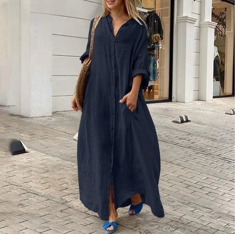 2025 frauen Casual Baumwolle Leinen Lange Kleid Solide Langarm Oversize-Shirt Kleider Weibliche Mode Lose Damen Kleidung Kleid