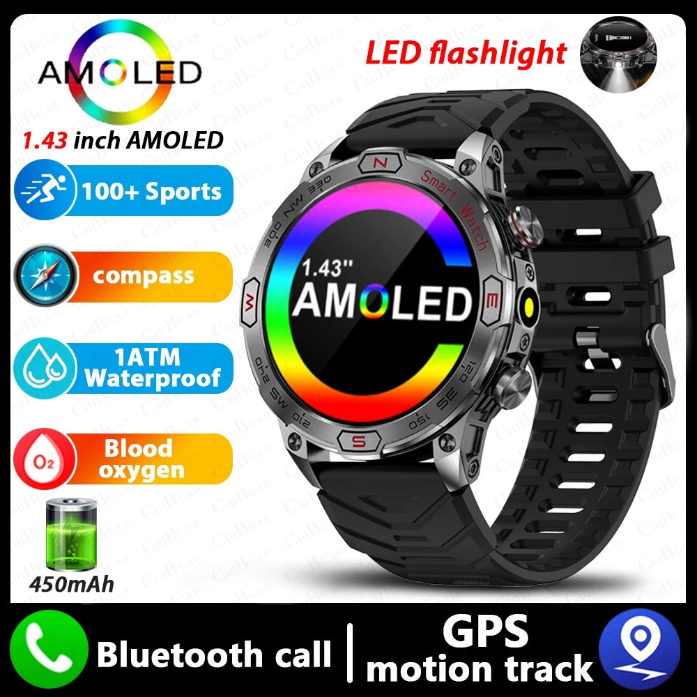 Military Outdoor Smart Watch Men 1ATM Waterproof Compass GPS Sports Track Fitness Watch 450 mAh with LED Flashlight SmartWatches