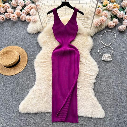YuooMuoo Chic Mode Sexy Wrap Hüften Split Gestrickte Herbst Kleid Frauen Dünne Elastische Bodycon Lange Kleid Streetwear Outfits Vestido