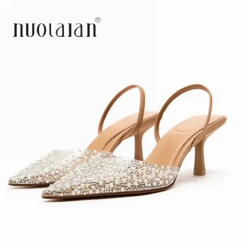 2024 mode Sommer Frauen High Heels Perle Dekoration Slingback Frau Pumpen Spitz High Heels Sandalen Elegante Frau Schuhe