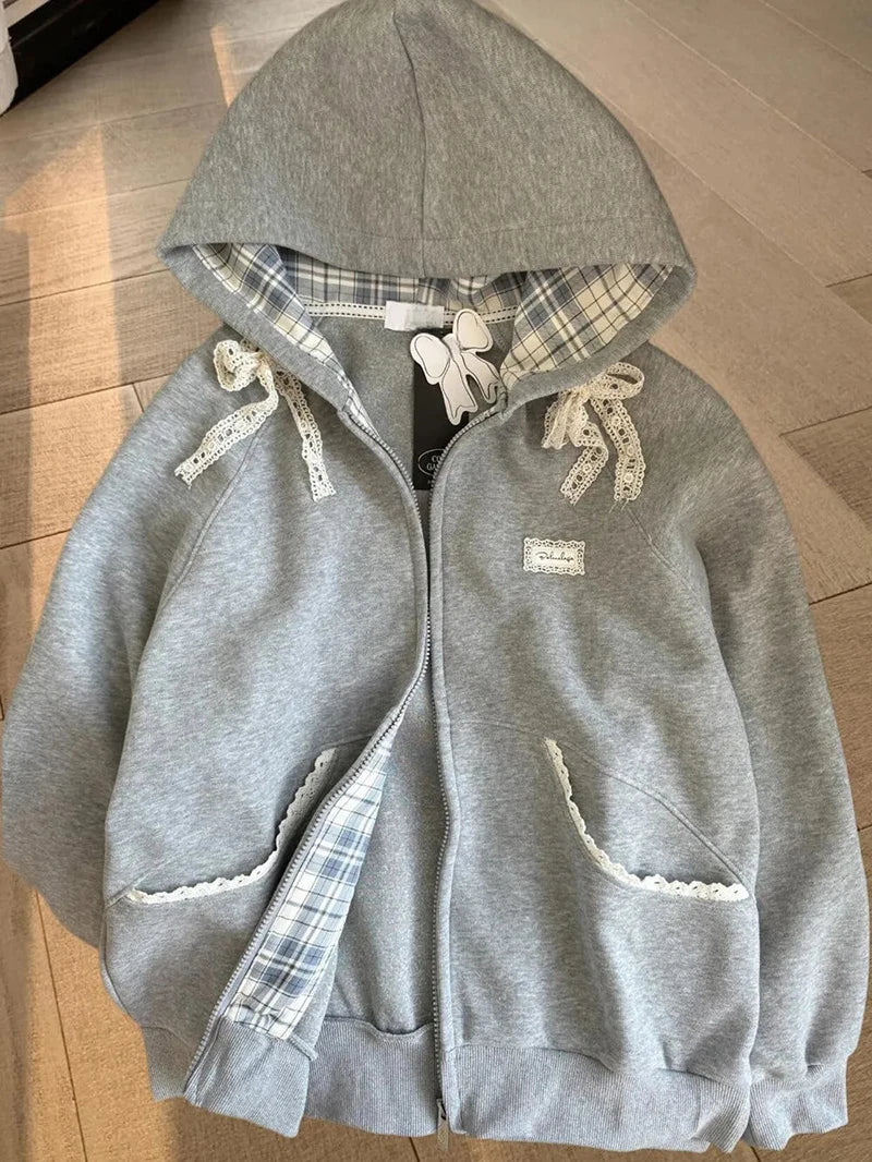 Zoki Spitze Patchwork Hoodies Frauen Niedlichen Bogen Langarm Sweatshirt Japan Adrette Süße Lose Langarm Weibliche Grau Outwear
