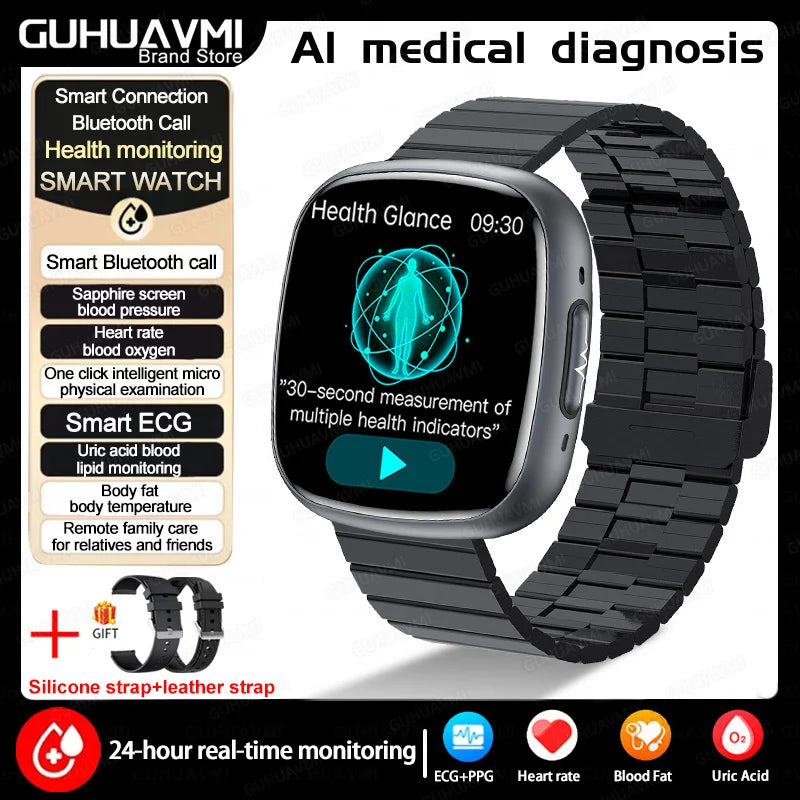 2025 New Accurate Measure Blood oxygen Lipids Uric Acid Smart Watch Men ECG Blood Pressure Health SmartWatches For Android ios