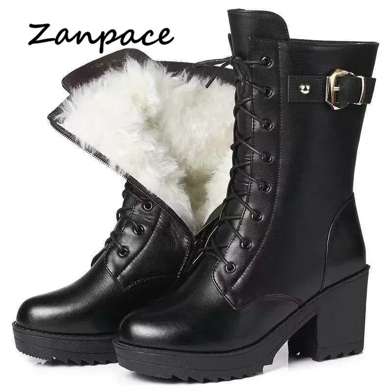 2024 Winter Leder Frauen Winter Stiefel Dicke Wolle Warme Frauen hochhackigen Echtem Boot Hochwertige Weibliche Schnee Stiefel frauen Schuhe