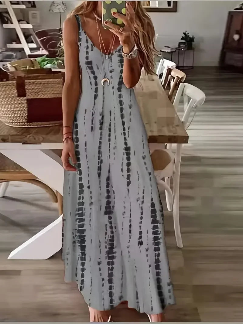 Damen Casual Loose V-Ausschnitt Tie Dye Printed Spaghetti Maxikleid Sommer Strandurlaub Langes Kleid