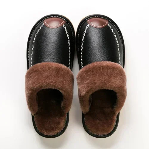 Männer Winter Leder Hausschuhe Schlafzimmer Baumwolle Hausschuhe Männlichen Wasserdicht Dicken Plus Samt Indoor Warme Haus Hause Hausschuhe Schuhe