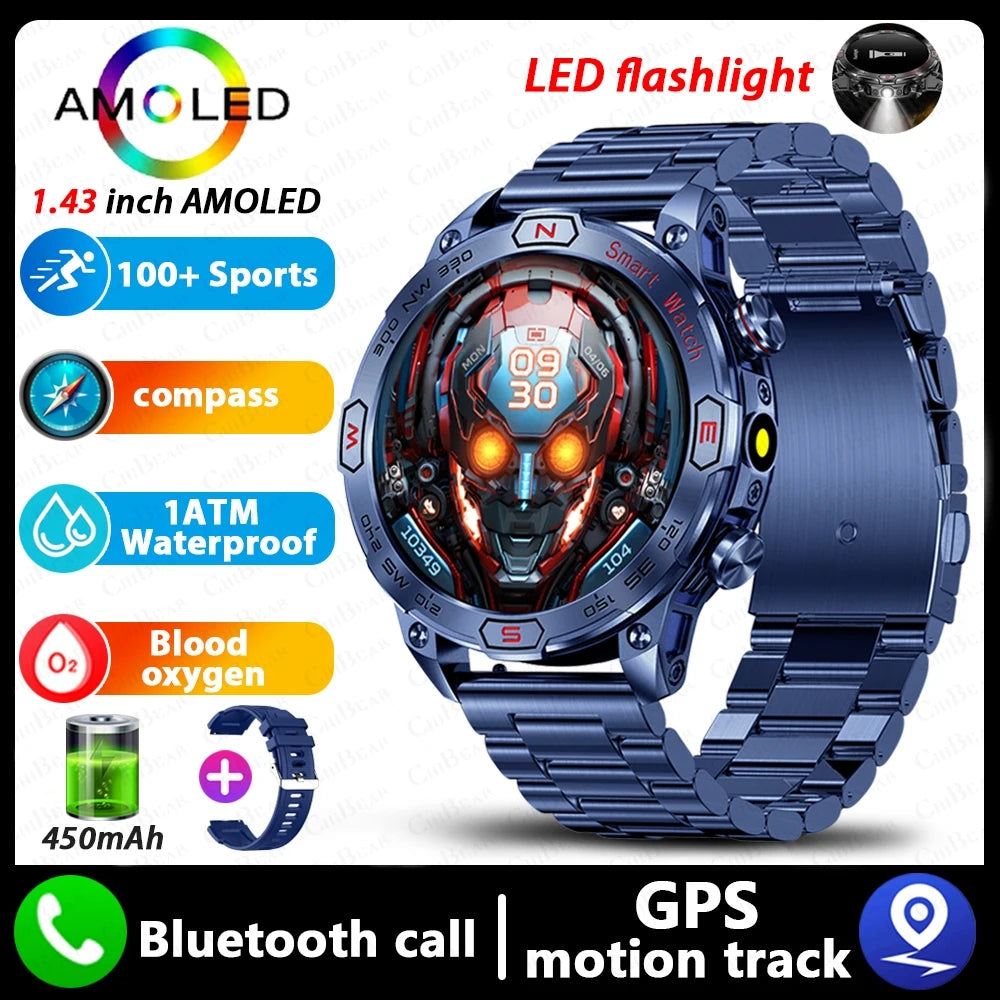 Military Outdoor Smart Watch Men 1ATM Waterproof Compass GPS Sports Track Fitness Watch 450 mAh with LED Flashlight SmartWatches