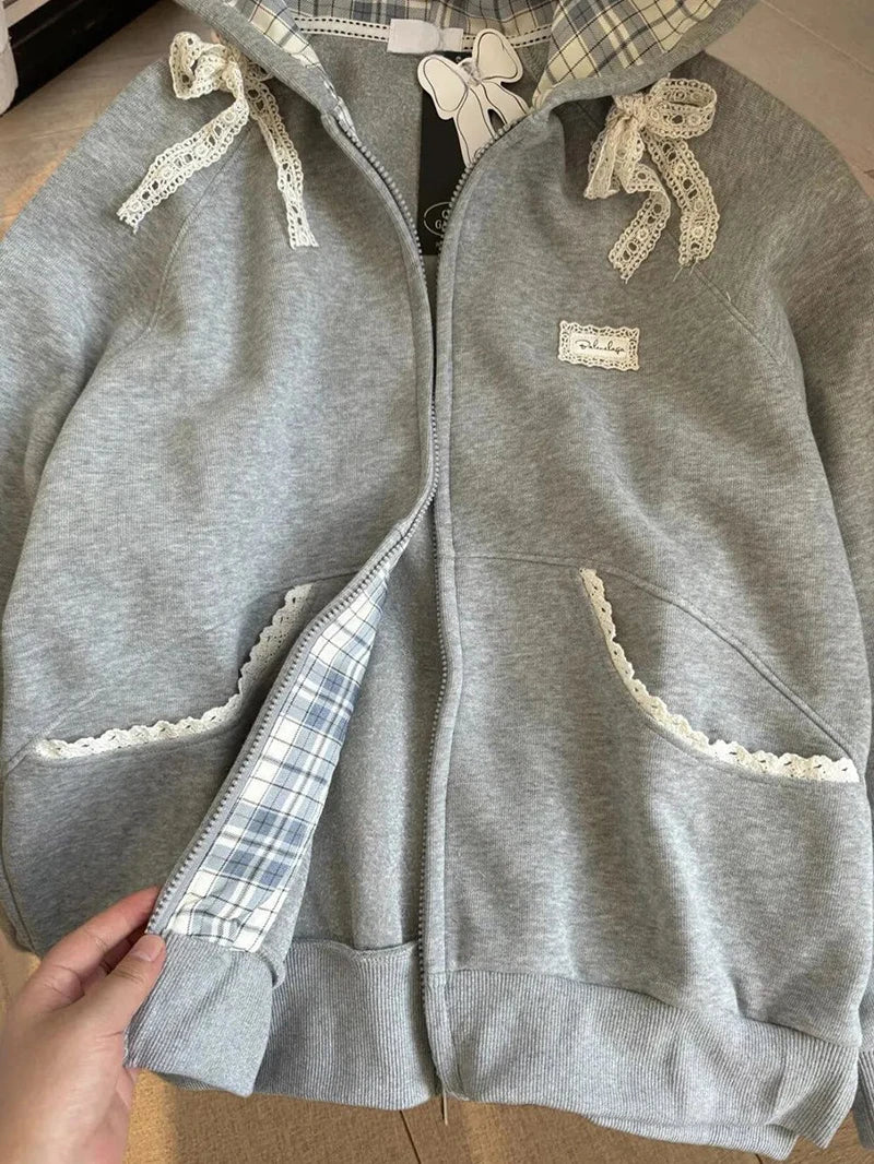 Zoki Spitze Patchwork Hoodies Frauen Niedlichen Bogen Langarm Sweatshirt Japan Adrette Süße Lose Langarm Weibliche Grau Outwear