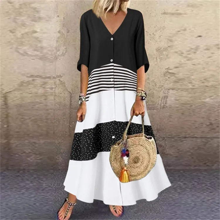 Damen Frühling Sommer Neue Stil Sexy V-Ausschnitt Mode Gedruckt Langes Ein-Schulter-Kleid Beiläufige Lose Fünf Ärmel Langes Kleid