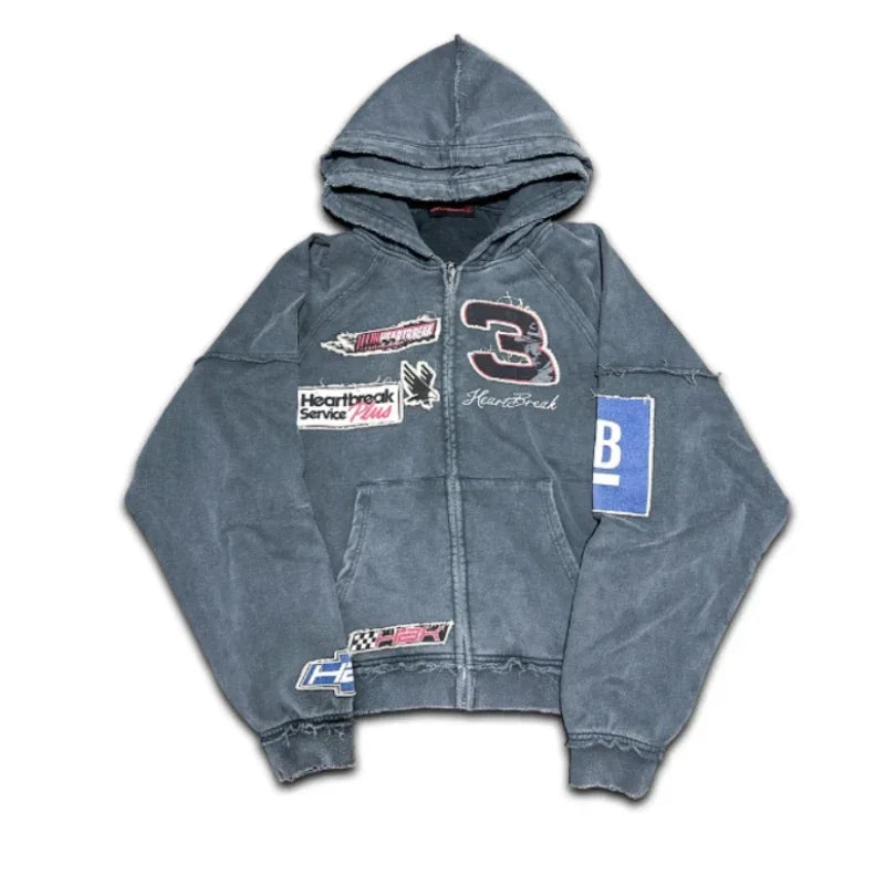 Y2K Zip Up Hoodie Oversized Pattern Letter Patchwork New Sweatshirt Hoodie Men and Women Gothic Long Sleeved Hoodies Streetwear