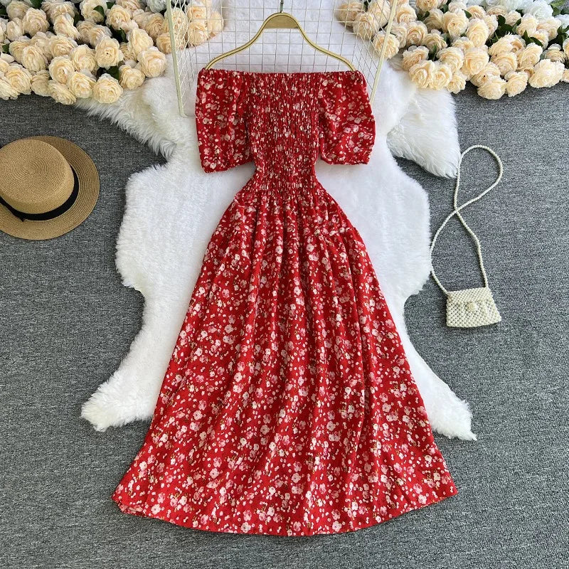 YuooMuoo Damenkleid, Sommer, schulterfrei, Puffärmel, Blumendruck, A-Linie, langes Kleid, Damen, Urlaubsmode, Strand, Vestidos