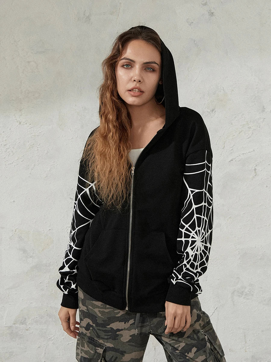 Men Women Zip Up Hoodies Fashion Spider Web Print Long Sleeve Oversized Sweatshirts Streetwear Tops
