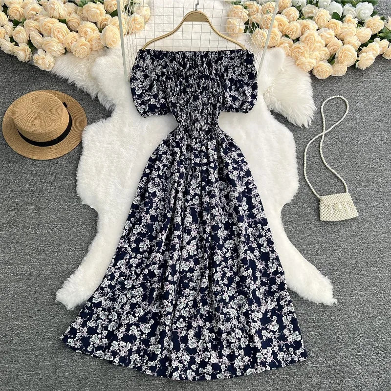 YuooMuoo Damenkleid, Sommer, schulterfrei, Puffärmel, Blumendruck, A-Linie, langes Kleid, Damen, Urlaubsmode, Strand, Vestidos