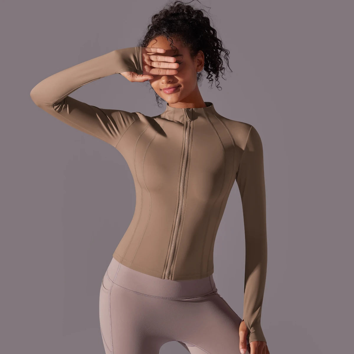 Gym Women's Full Zip Yoga Top With Thumbholes Fitness Running Jacket Stretch Fit Long Sleeve Round Neck Top Sportswear Workout