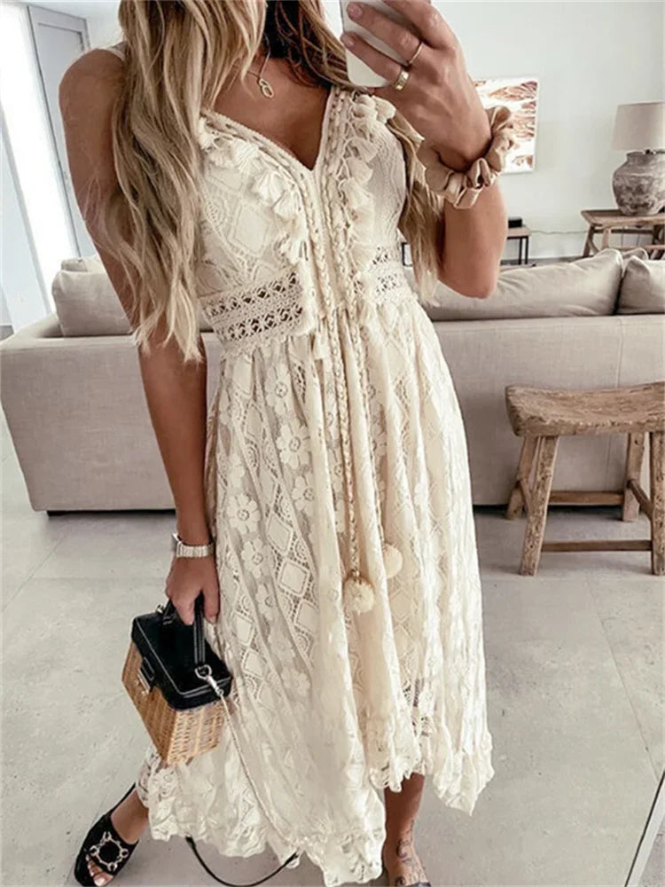 2024 neue Frauen Spitze Weiß Langes Kleid Ärmelloses V-ausschnitt Flowy Rüschen Kleid Sommer Böhmischen Retro Sexy Strand Urlaub Kleider