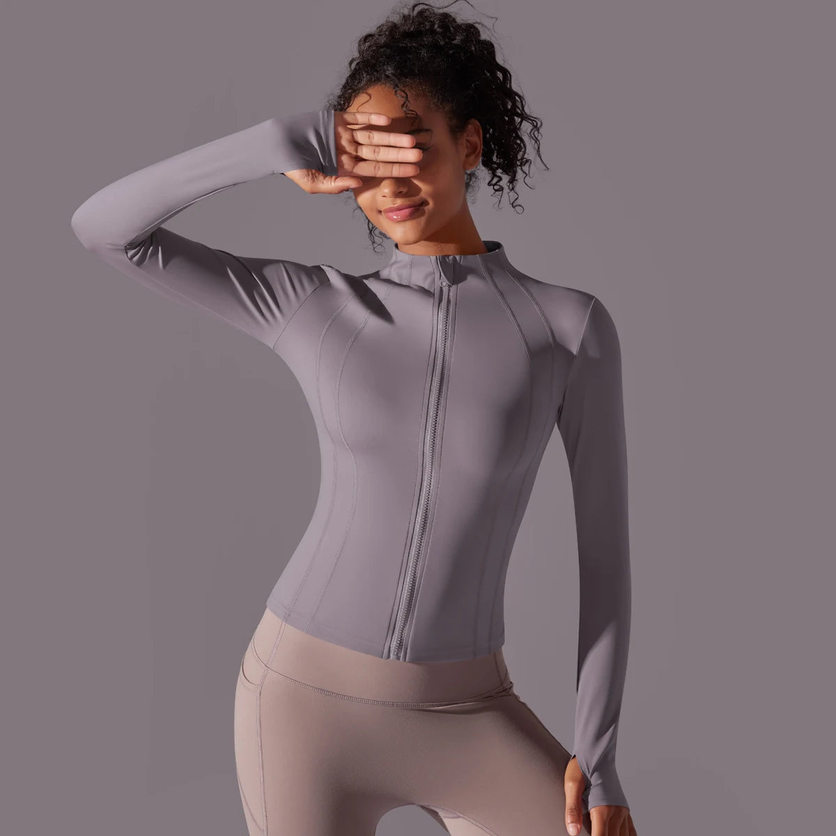 Gym Women's Full Zip Yoga Top With Thumbholes Fitness Running Jacket Stretch Fit Long Sleeve Round Neck Top Sportswear Workout