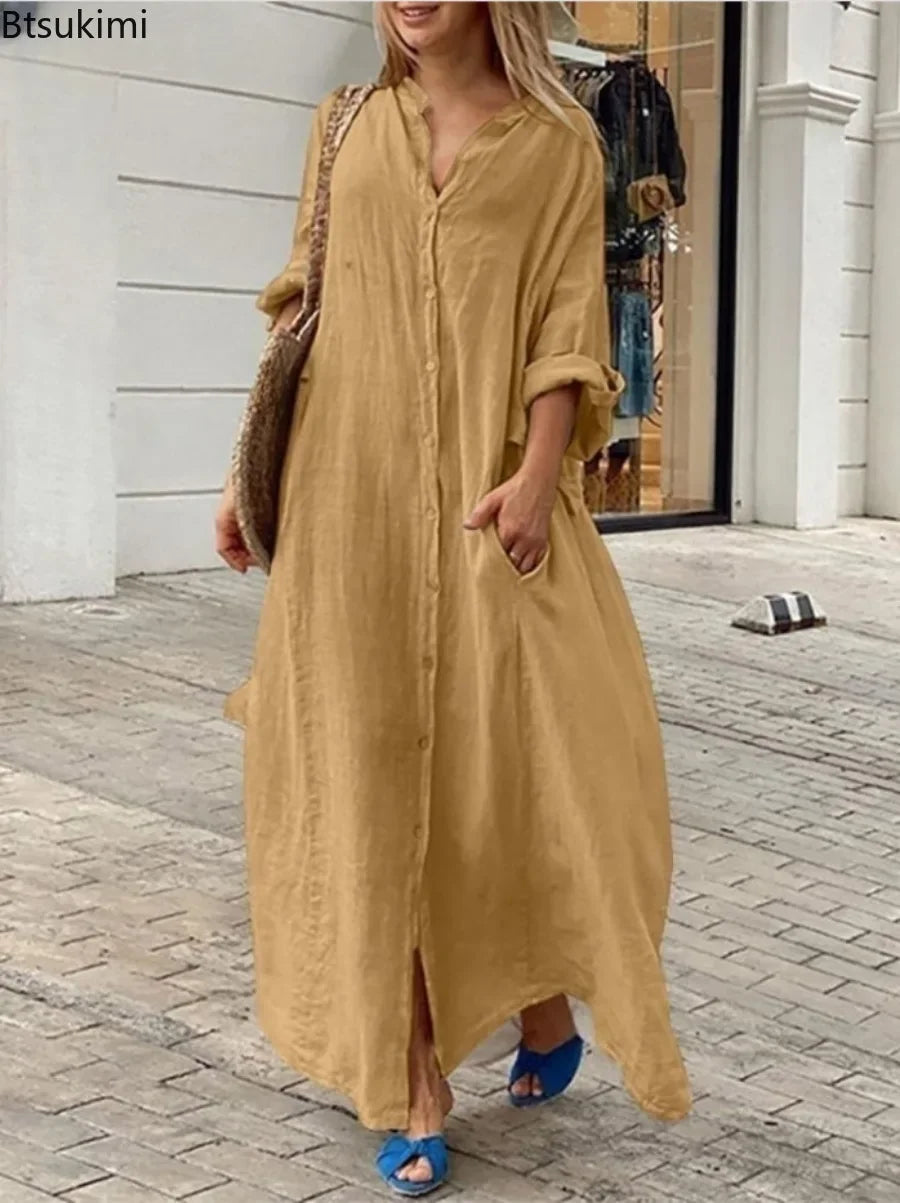 2025 frauen Casual Baumwolle Leinen Lange Kleid Solide Langarm Oversize-Shirt Kleider Weibliche Mode Lose Damen Kleidung Kleid