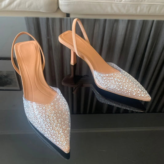 2024 mode Sommer Frauen High Heels Perle Dekoration Slingback Frau Pumpen Spitz High Heels Sandalen Elegante Frau Schuhe
