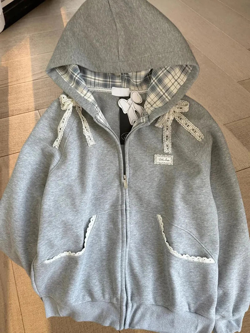 Zoki Spitze Patchwork Hoodies Frauen Niedlichen Bogen Langarm Sweatshirt Japan Adrette Süße Lose Langarm Weibliche Grau Outwear